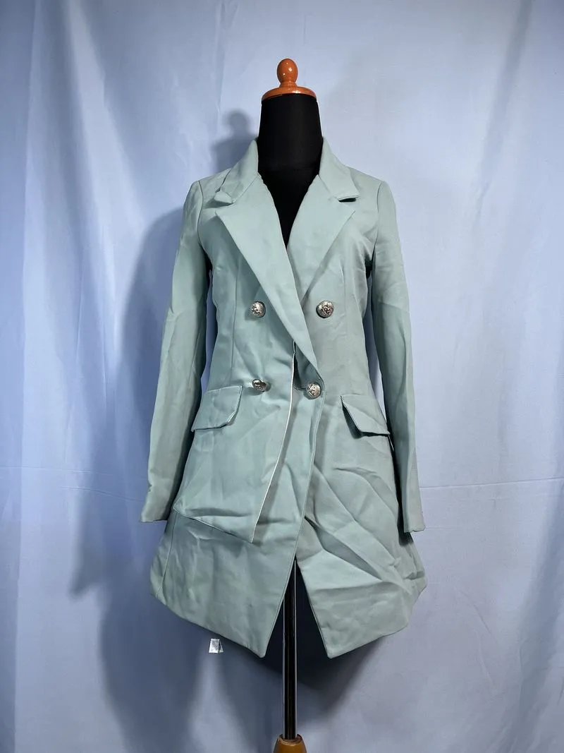 Long Blazer Double-Breasted Sage Green Kancing Perak photo 1