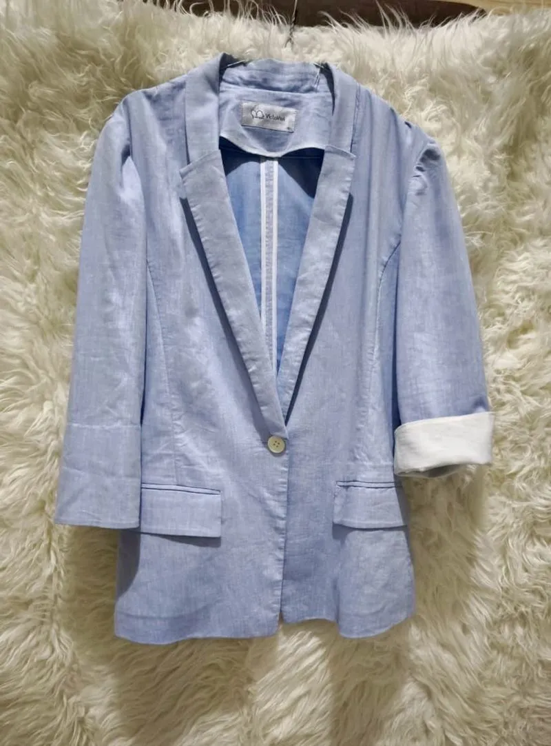 Blazer no furing warna biru langit, lengan stik balik putih photo 1