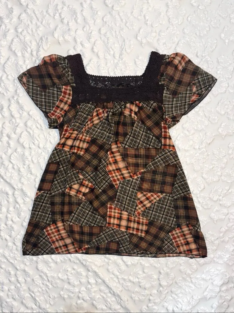 ♡✧ Brown Tartan Patchwork Top photo 1