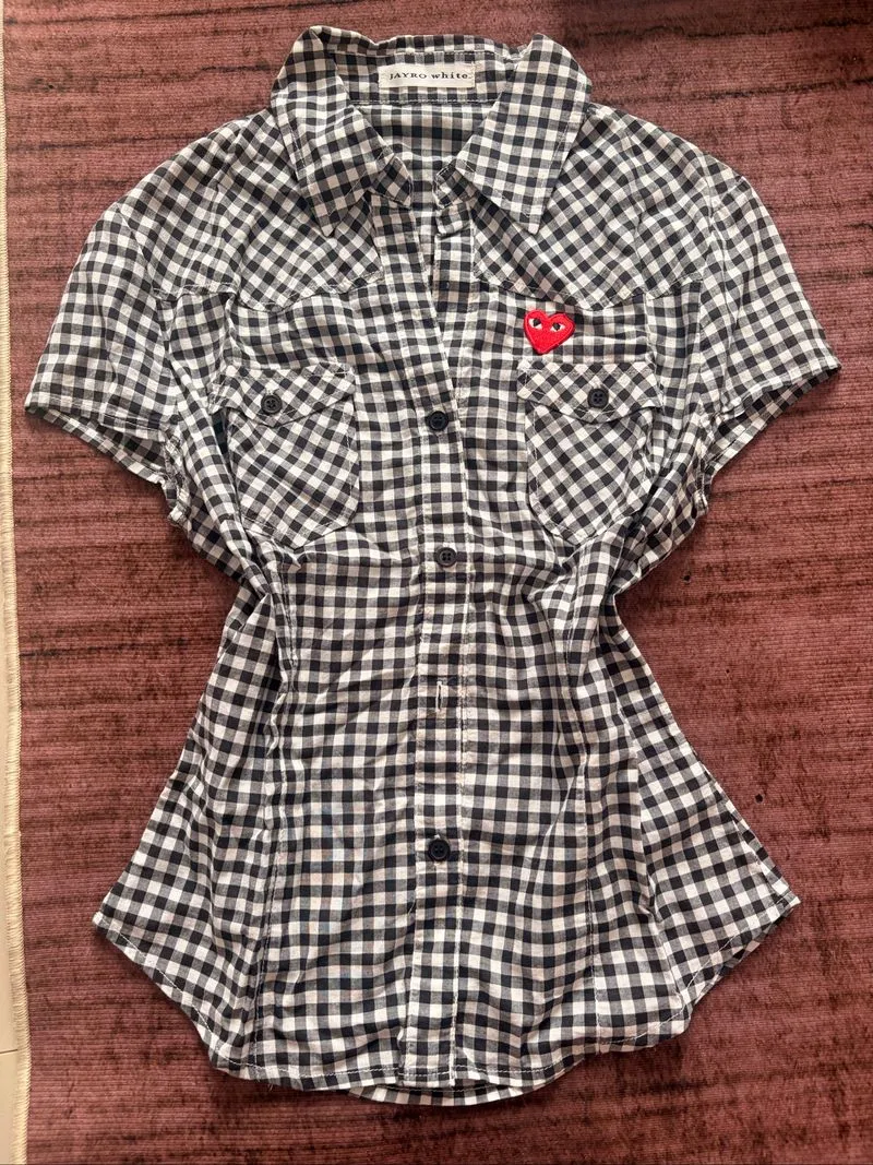 gingham short sleeve button-up shirt  photo 1