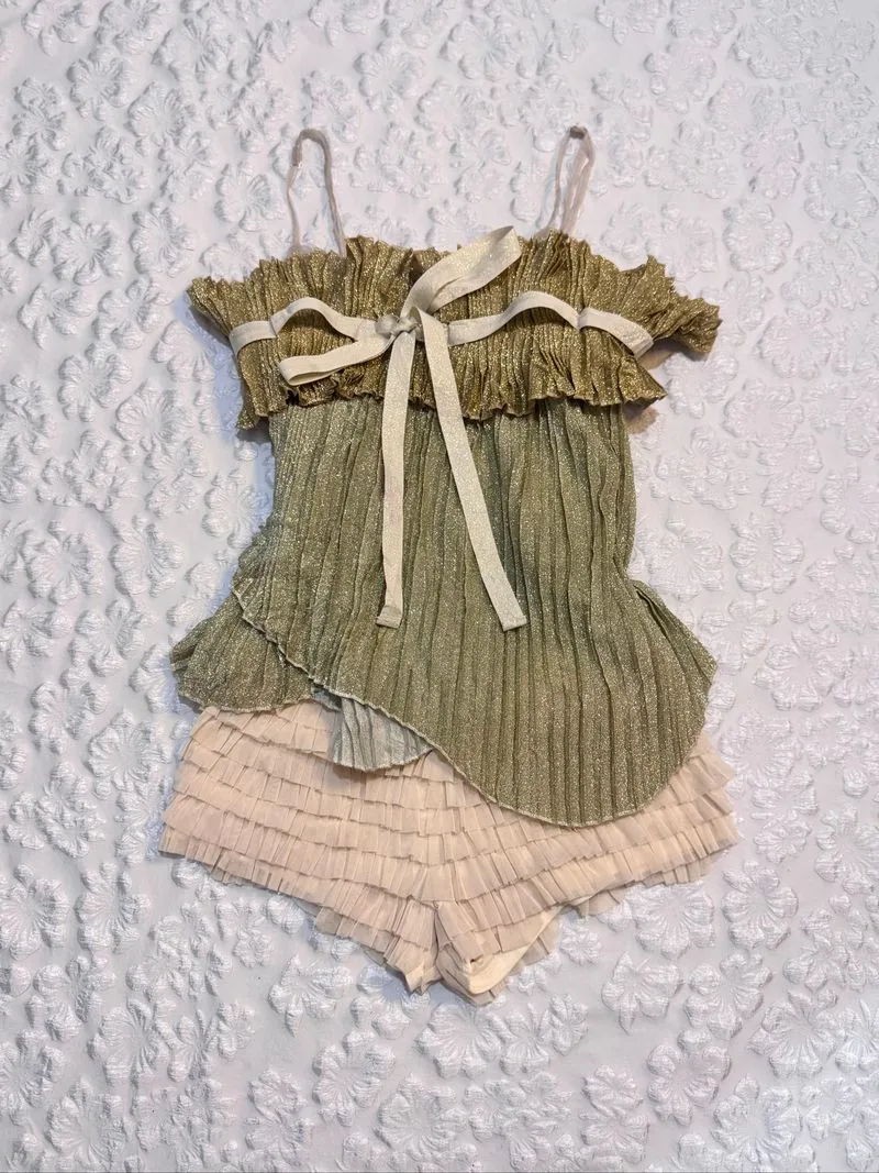 ♡✧ Light Sage and Gold Glittery Cami Set photo 1