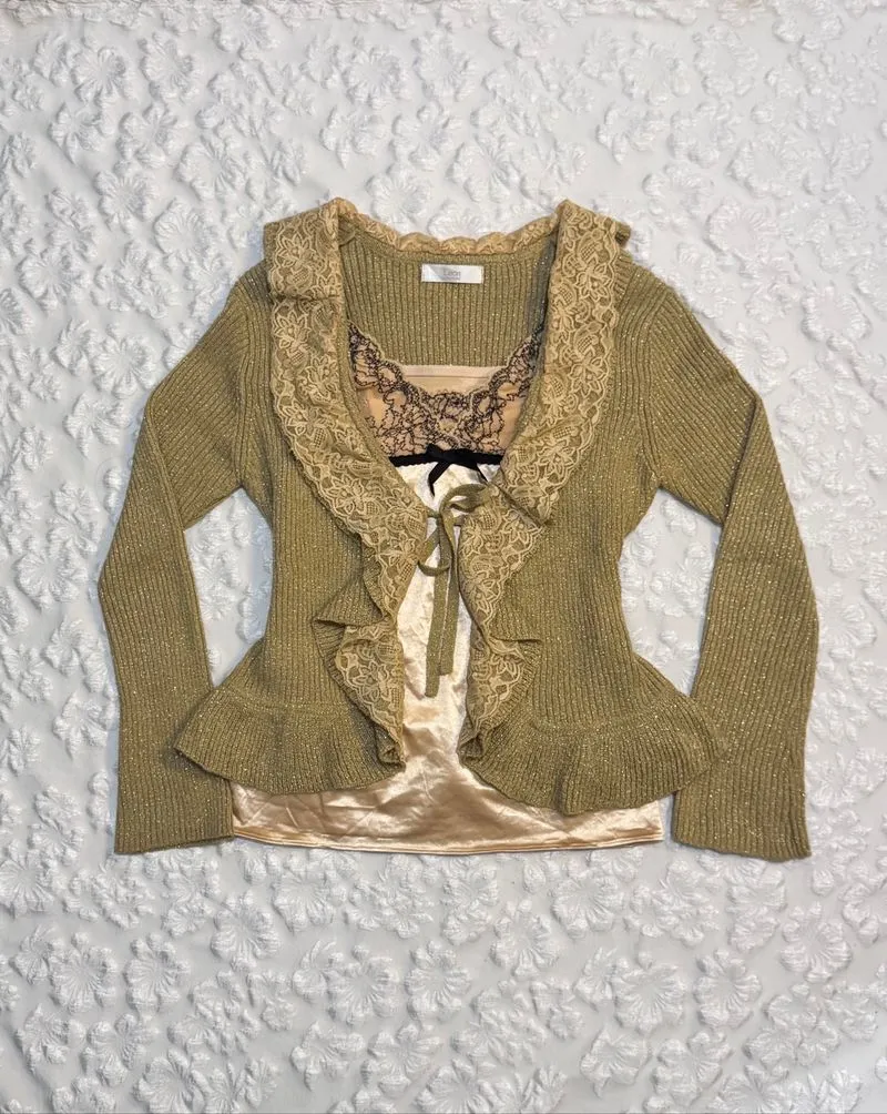 ♡✧ Champagne Lace Cami and Glittery Ruffle Knit Cardigan Set photo 1