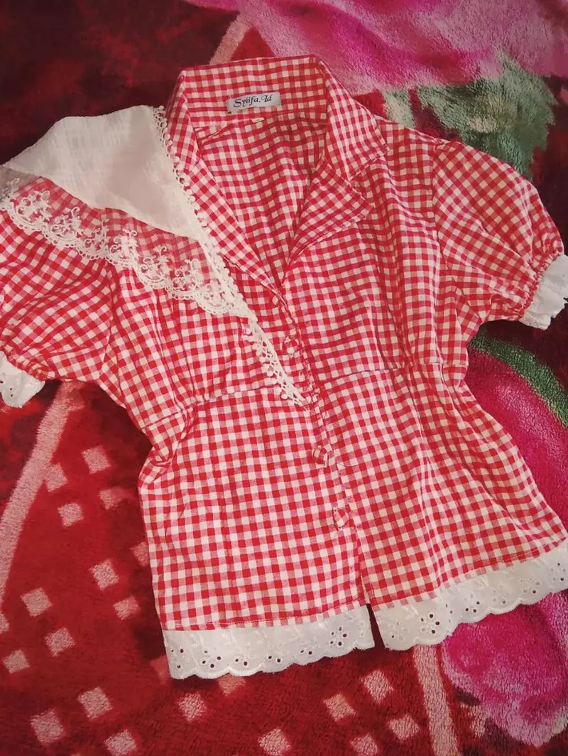 baju gingham merah photo 1