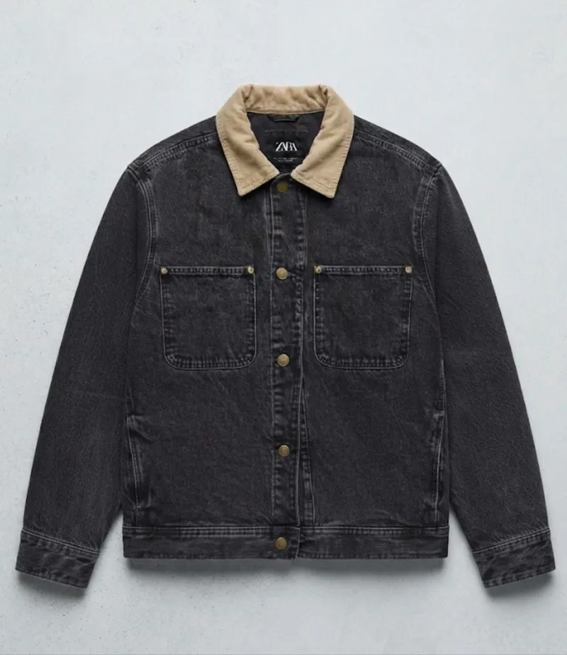 Zara Denim Jacket - Black denim jacket with beige collar photo 1