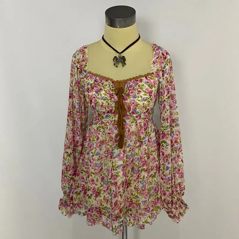 Floral Babydoll Top Square Neck Fairycore Coquette Milkmaid photo 1