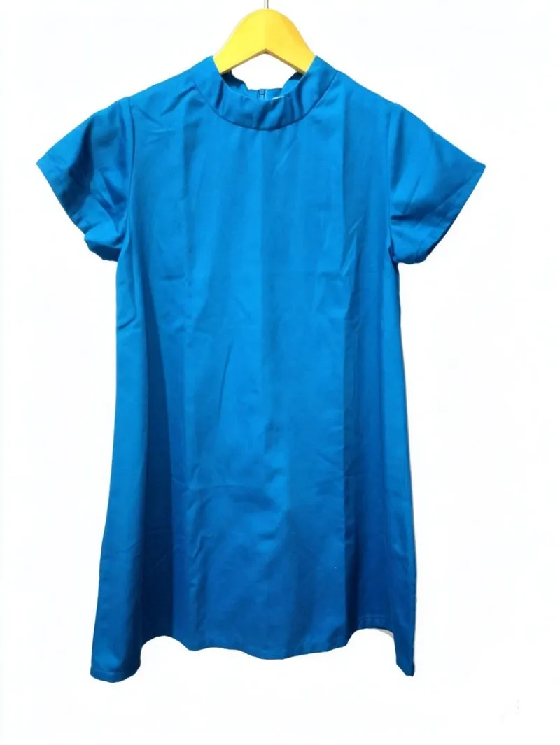 Dress mini biru kerah tinggi lengan pendek polos  photo 1