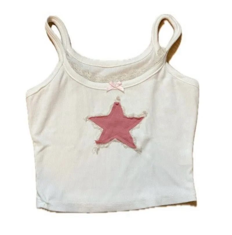 pink star lace cropped tank photo 1