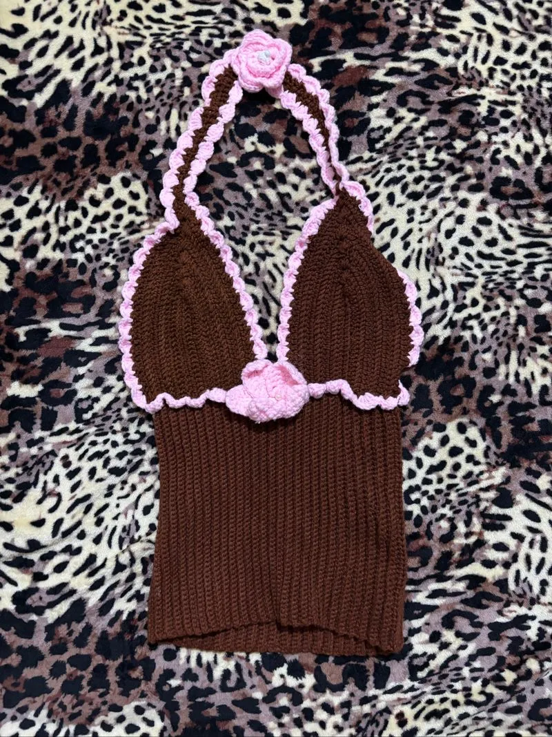 crochet y2k brown pink neopolitan tanktop halter photo 1