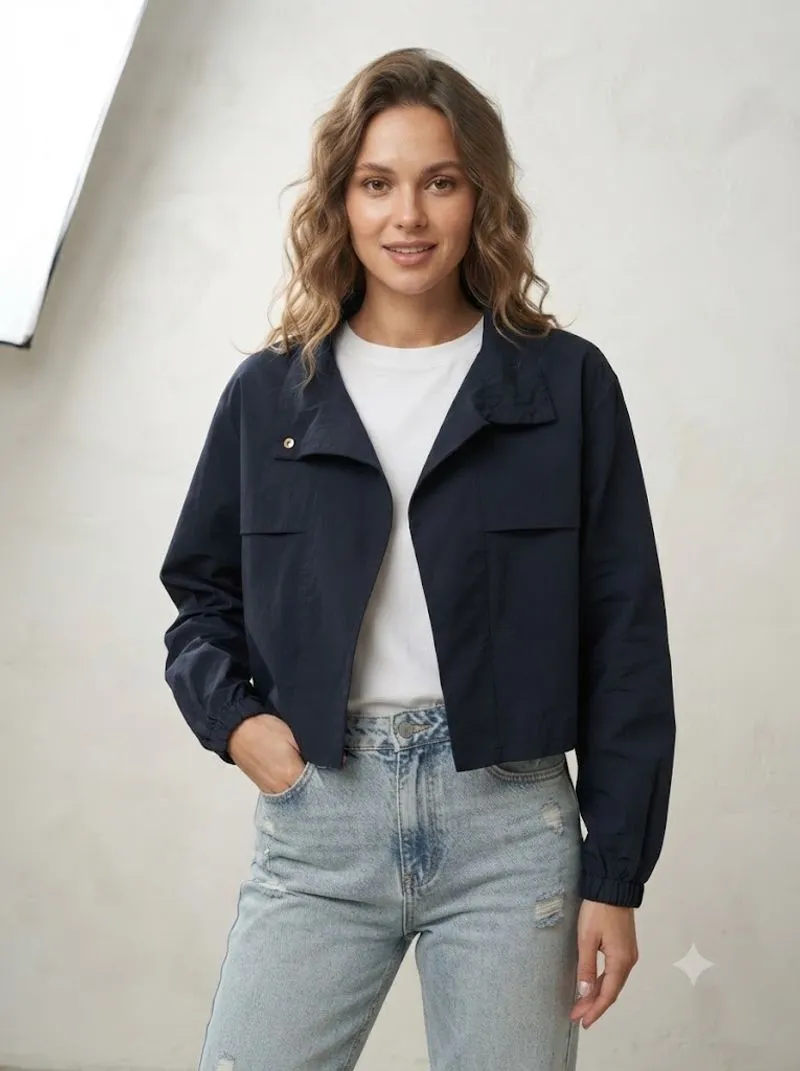 Jaket Crop Wanita Bahan Parasut - Model Kancing Snap Hitam photo 1