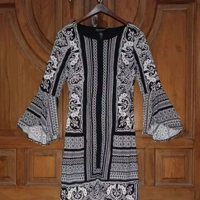 INC Dress Mini Slimfit Wanita Hitam Motif Etnik Putih LD 76 photo 1