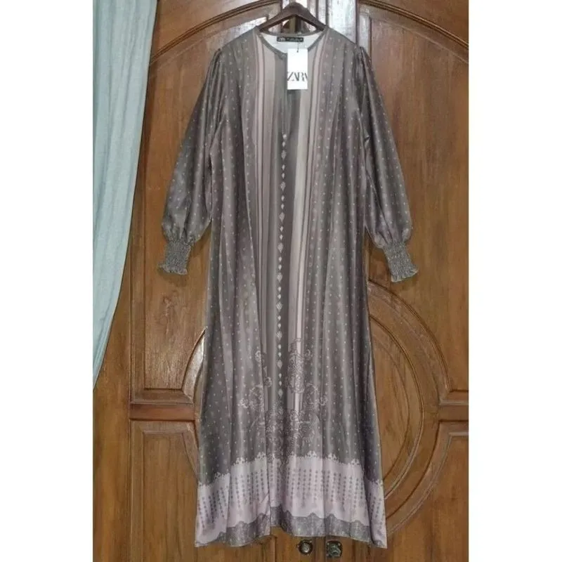 Dress Gamis Panjang Satin Wanita Cokelat Abu Mauve Motif  photo 1