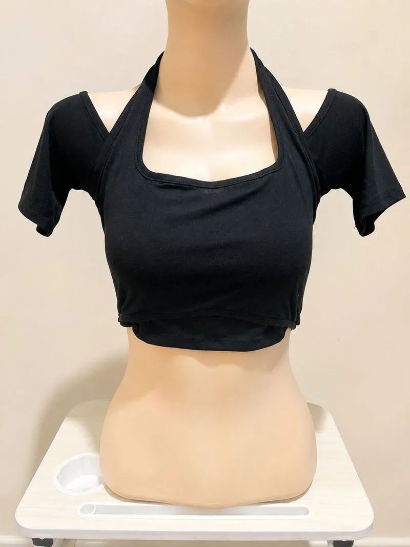 Cissy Halter Crop Top Black | Y2K Open Shoulder Stretch photo 1