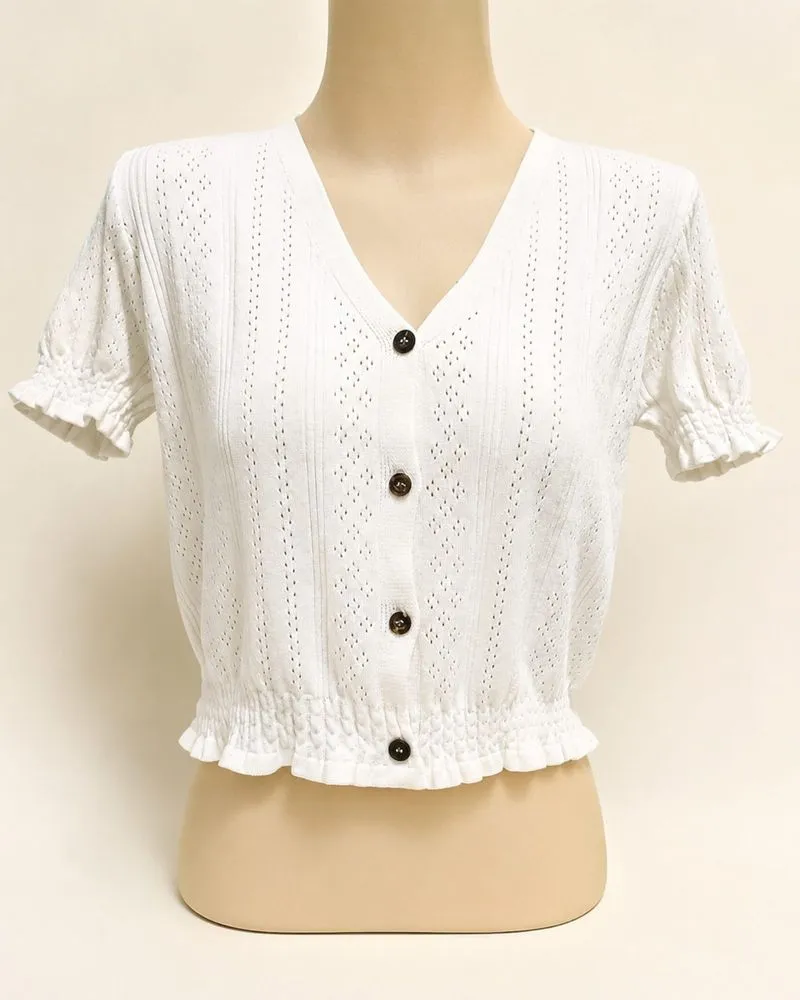 White Knit Pointelle Cardigan Crop | Korean Look   photo 1