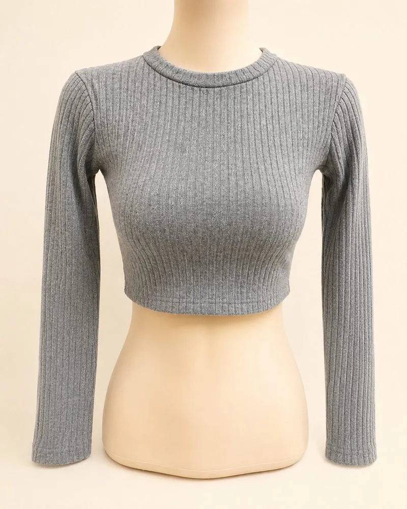 Grey Rib Knit Crop Top Premium Stretch | Basic Old Money photo 1