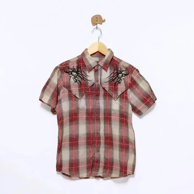 In The Attic Tribal Dyed Studded Plaid Shirt Original 

-  photo 1