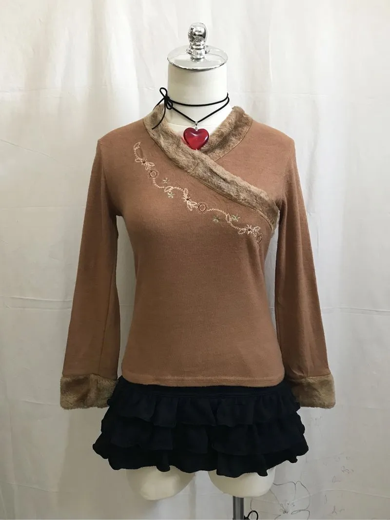 Fairy Grunge Brown Faux Fur Long Sleeve Top photo 1