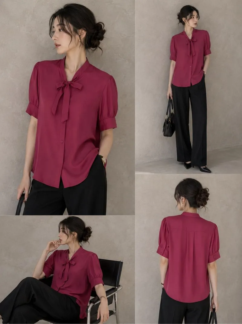 Dior Uniforms Maroon Pussy Bow Blouse – Puff Sleeve Ele photo 1