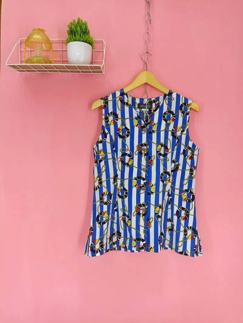 Vintage Luxury Blouse Wanita white blue photo 1