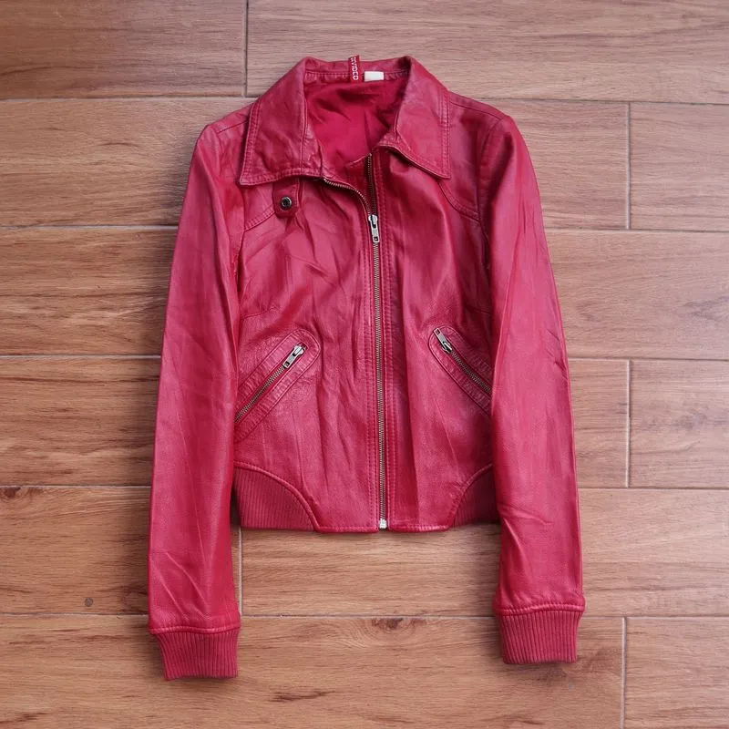 H&M kulit domba warna merah bomber biker motoran cewek jaket photo 1