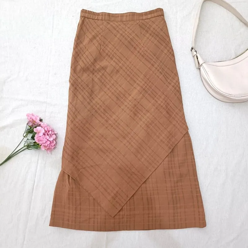 Textured Camel Chiffon Wrap Midi Skirt Asymmetric Layer Furi photo 1