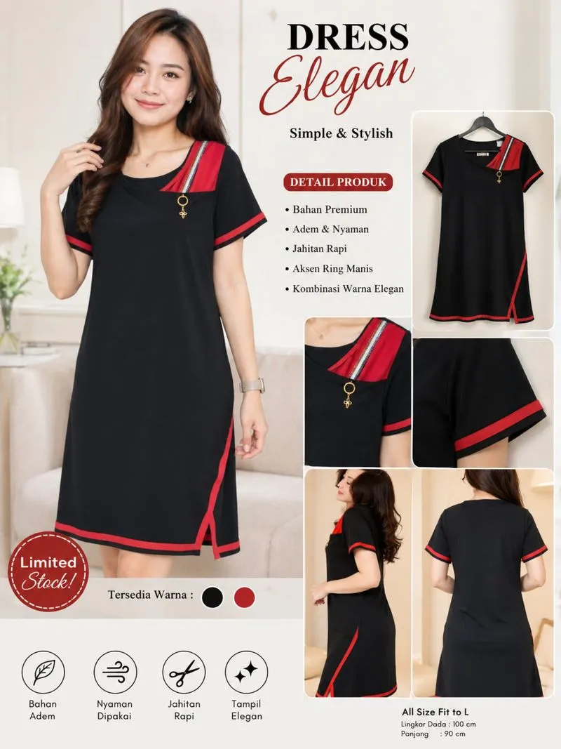 Dress Wanita Hitam Merah Elegan | Bahan Tebal, Adem & Nyaman photo 1