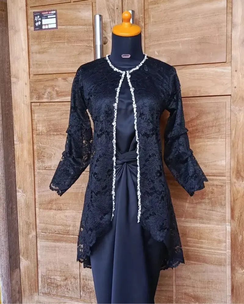 pl baju kondangan pesta one set outer brokat hitam size s/m photo 1