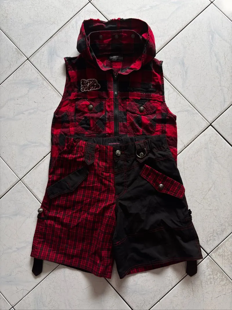 Vintage Japanese Brand Punk Gothic Plaid Set - Hooded Vest photo 1