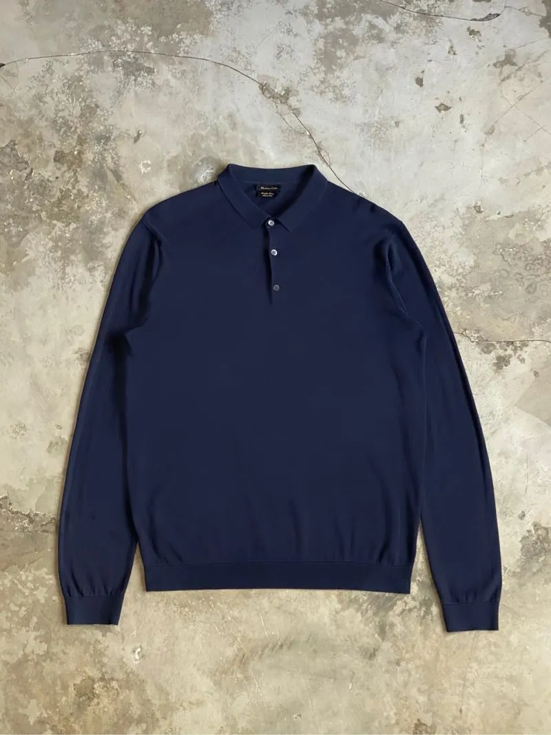Massimo Dutti cotton knit long sleeve polo shirt navy photo 1