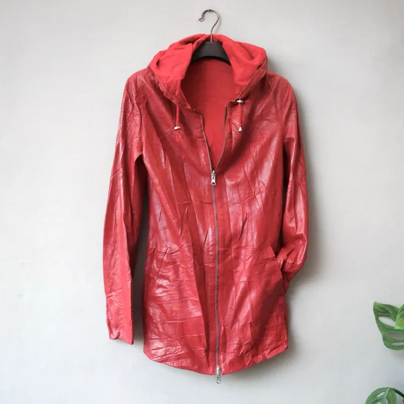 Jaket kulit asli domba bolak balik warna merah berhoodie photo 1