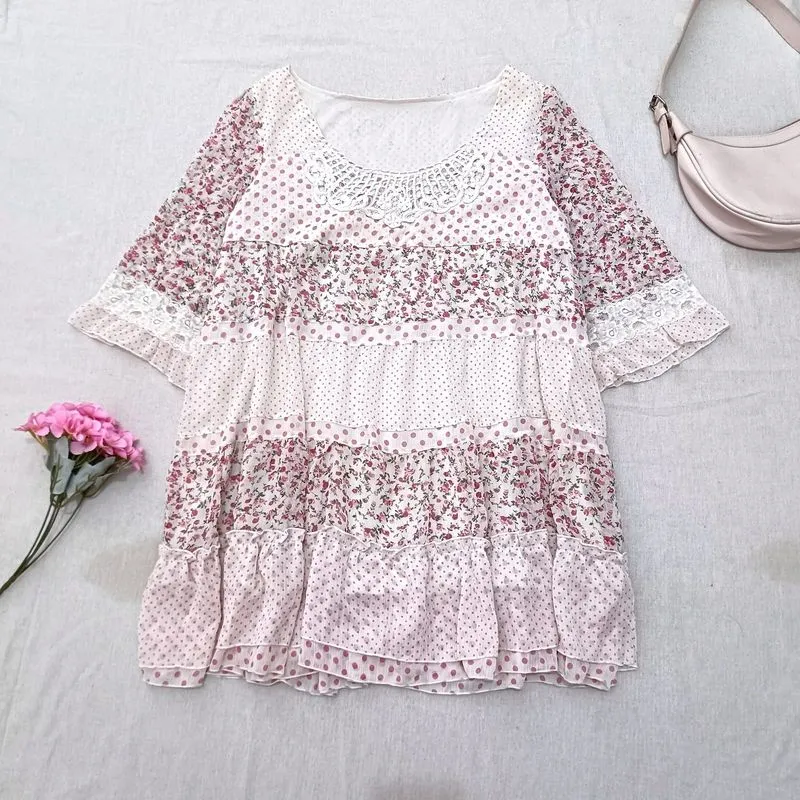Jinnee Mori Kei Floral Tiered Lace Chiffon Tunic Oversized photo 1
