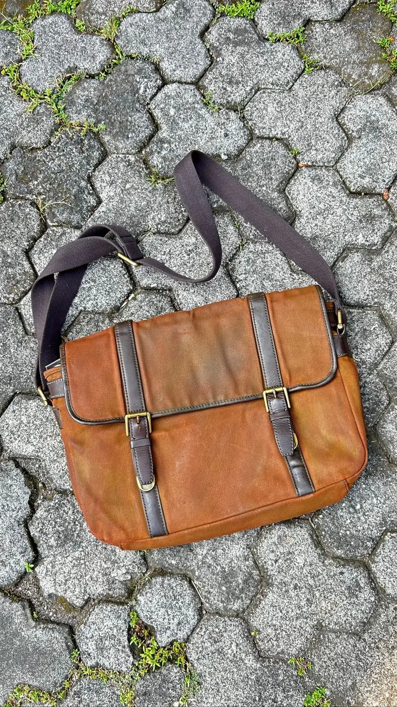 Fossil Vintage Leather Messenger Bag Brown Canvas with  photo 1