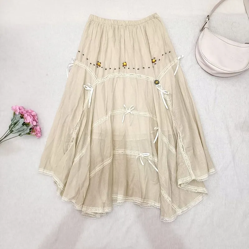 Fairycore Cream Asymmetrical Lace Ribbon Skirt | Mori Kei Co photo 1