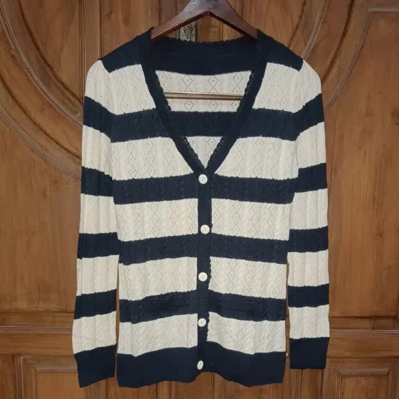 NEW Cardigan Rajut Jaring Wanita Beige Navy Salur LD 80 photo 1
