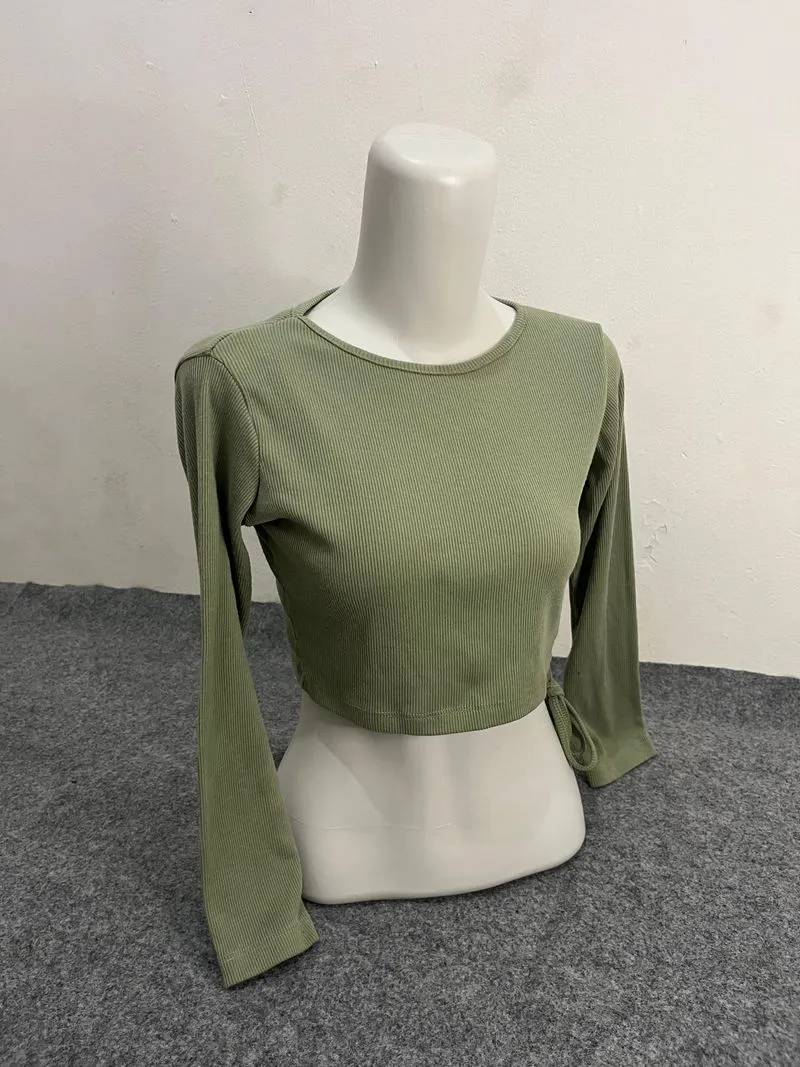 PL Kaos atasan wanita - Crop top warna Sage green tali serut photo 1