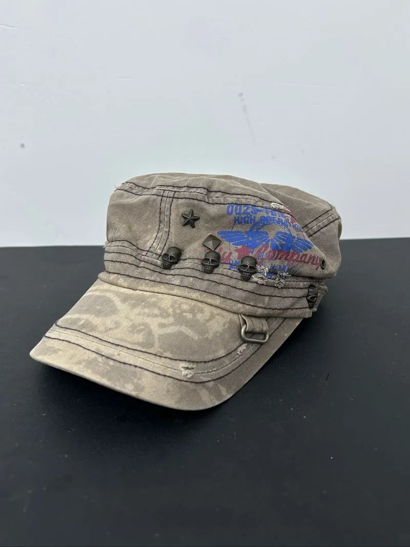 Vintage Y2k Distressed wing Skull Design Military Hat photo 1
