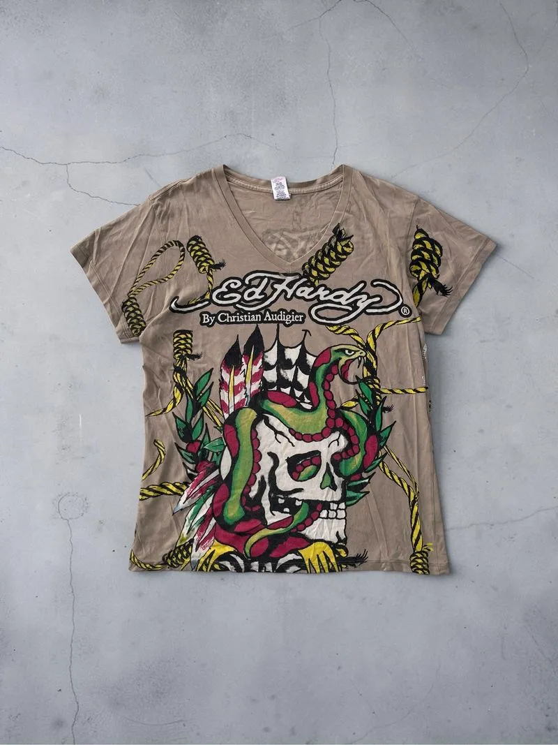 Ed Hardy Graphic Skull vneck tshirt y2k vintage photo 1