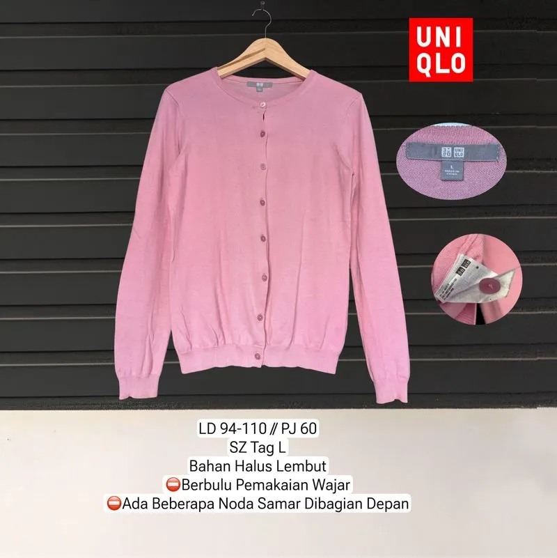 UNIQLO L Cardigan Basic Oneck Brand Rajut Pink Pastel Tebal  photo 1