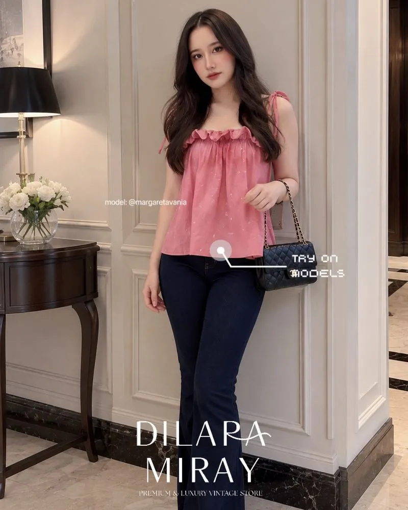 SAKAASTA by Craft Denim ID Ribbon Ruffle Pink Tank Tenun photo 1