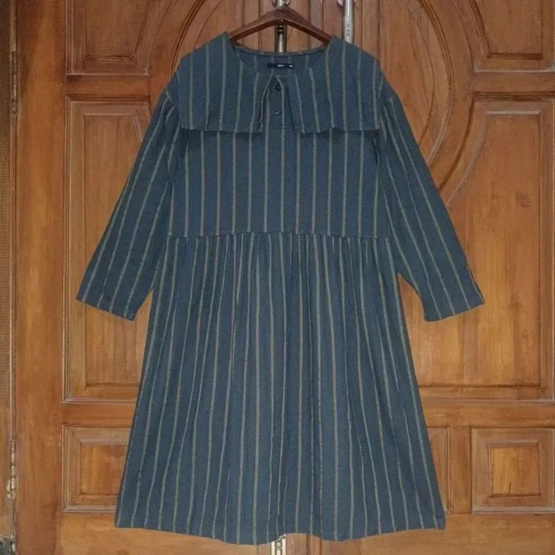 JENNY Dress Babydoll Flanel Kerah Sailor Wanita Navy Garis photo 1