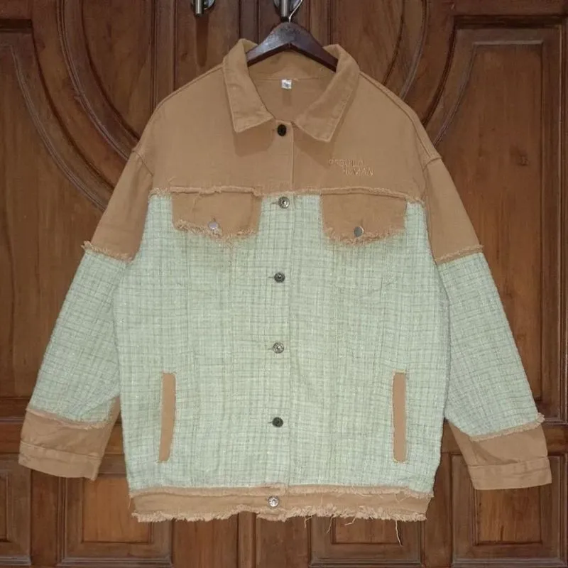 Jaket Denim Mix Tweed Wanita Cokelat Washed Sage Blink  photo 1