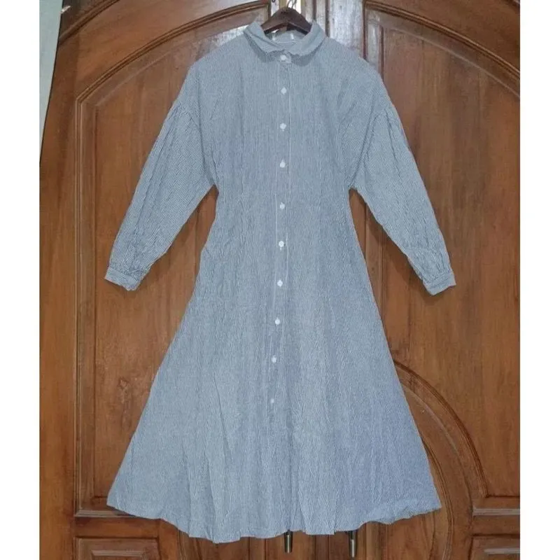 Dress Midi Slimfit Wanita Biru Putih Salur Bigsize  photo 1