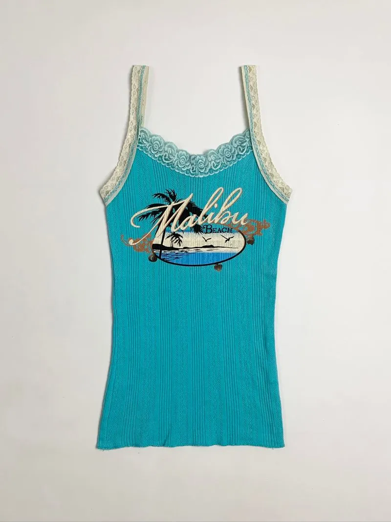 Y2k PCH Tank Top Lace Malibu Beach Graphic photo 1