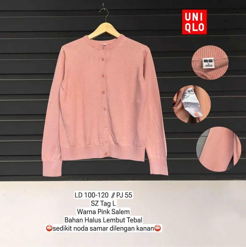 UNIQLO Cardigan Basic Oneck Brand Rajut Pink Salem Halus L photo 1