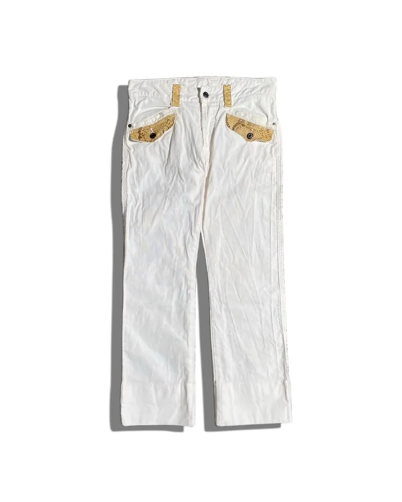 Epoca Uomo White Cotton Pants with Snake Skin Leather Detail photo 1