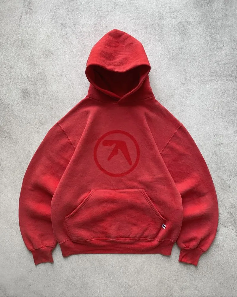 1990s Vintage Sunfaded Red "Aphex Twin" Russell Hoodie photo 1