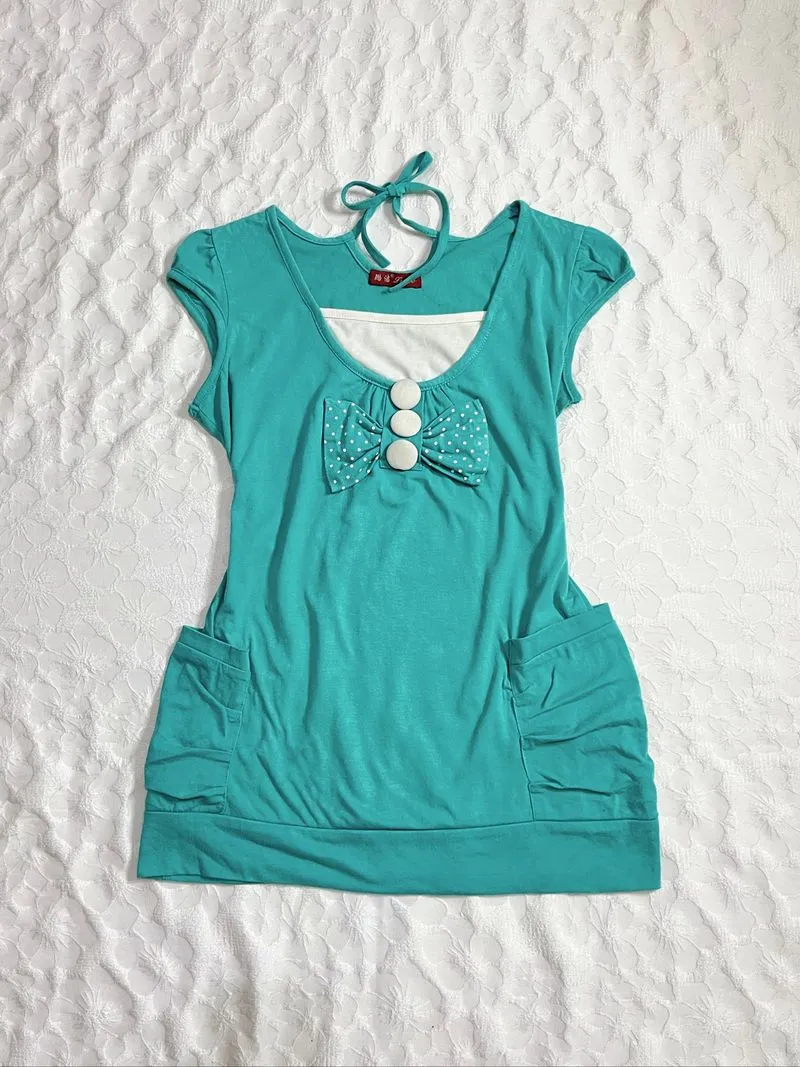 𓇼 Teal Polka Dot Bow Top photo 1