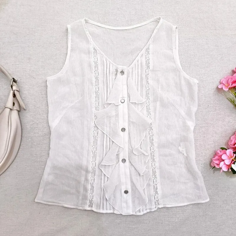 J&R White Ruffle Sleeveless Chiffon Blouse Coquette Fairy photo 1