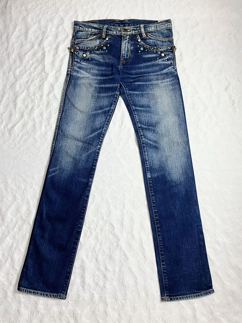 𓇼 Low Rise Blue Studded Straight Leg Jeans  photo 1