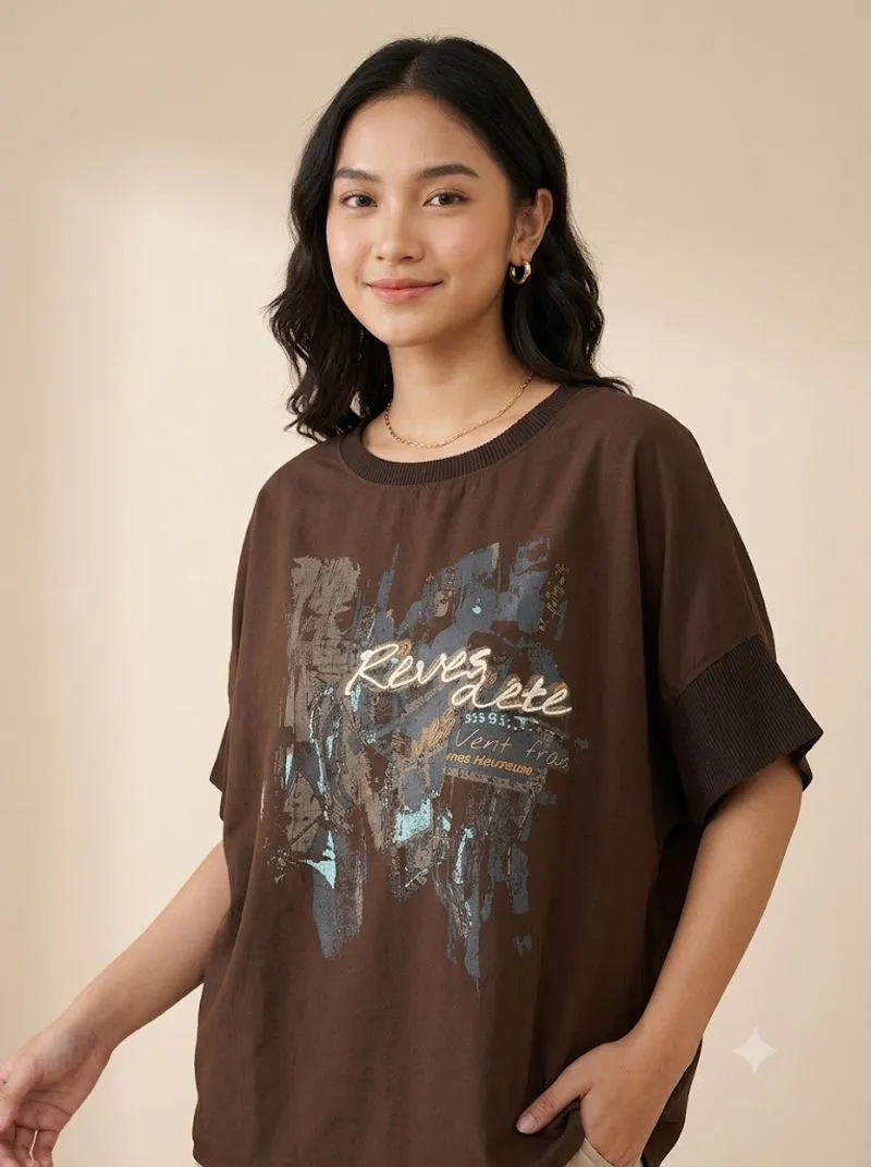 Blouse Batwing Casual Wanita Warna Cokelat photo 1
