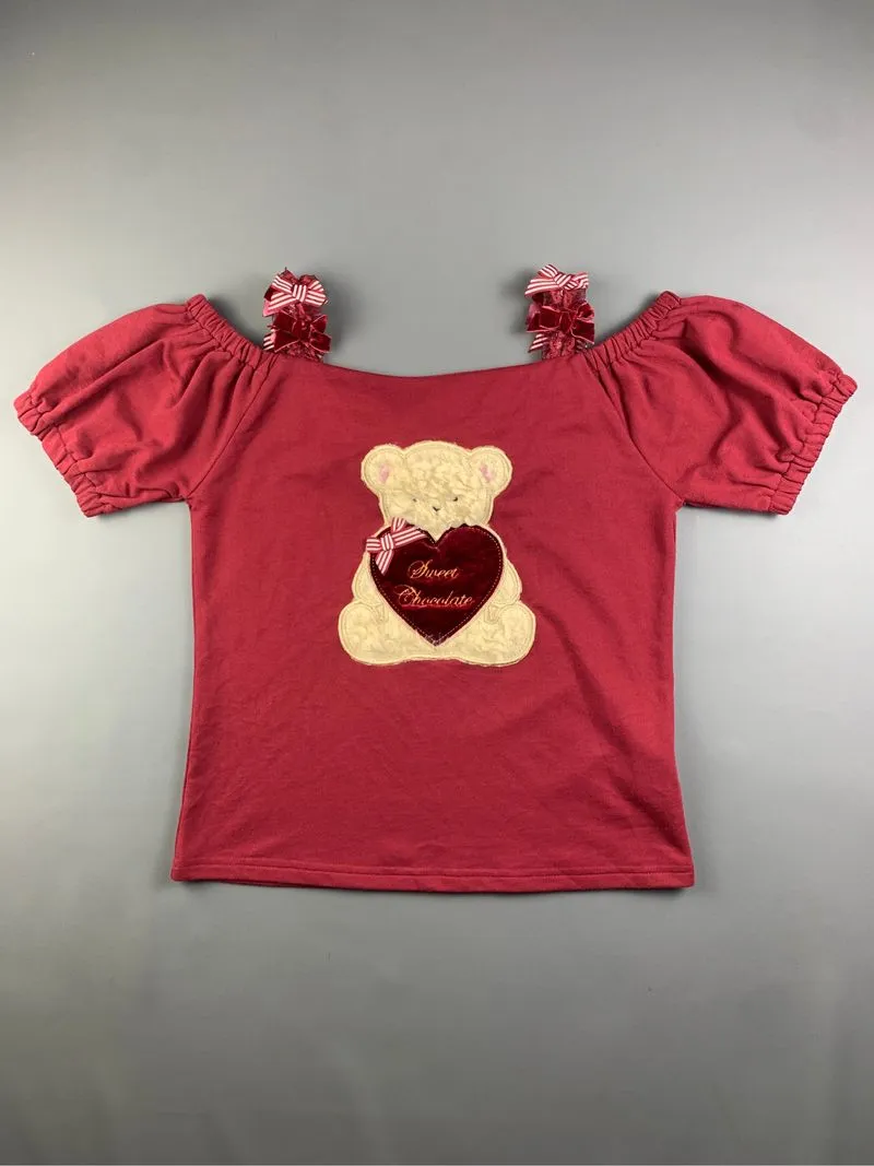 LIZ LISA Maroon Bear Ribbon Shoulders Tee (M to L) photo 1
